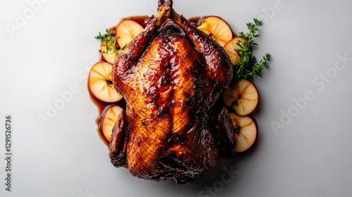Golden roasted turkey garnished with fresh herbs and apple slice