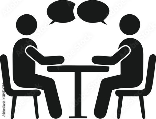 Simple black and white graphic of two stylized figures seated at a table, with speech bubbles above, suggesting a business meeting or informal discussion.