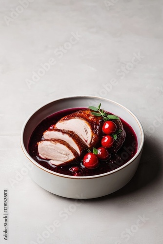Tender sliced chicken served in rich berry sauce garnished with