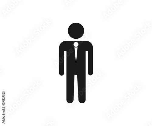A stylized, black silhouette of a man wearing a suit and tie on a plain white background.