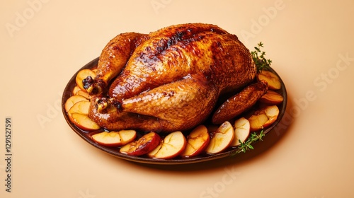 Golden roast turkey garnished with herbs on platter, surrounded