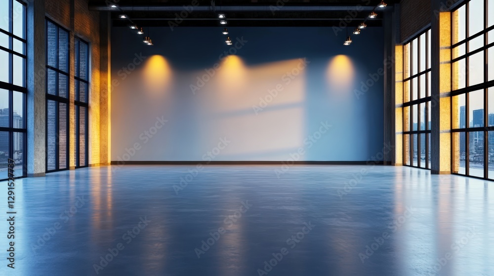 Large bright room with multiple windows and natural light illuminating the spacious interior design Large bright room with multiple windows and natural light illuminating the spacious interior design