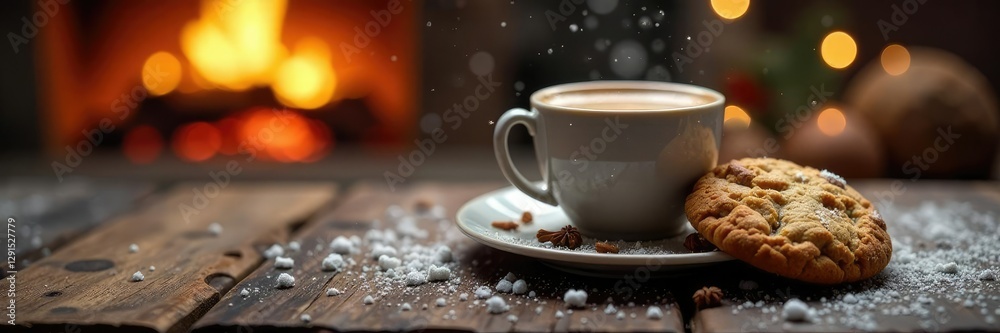 Warm cookie and coffee on a rustic wooden table, cozy, fireplace, snowflakes Warm cookie and coffee on a rustic wooden table, cozy, fireplace, snowflakes