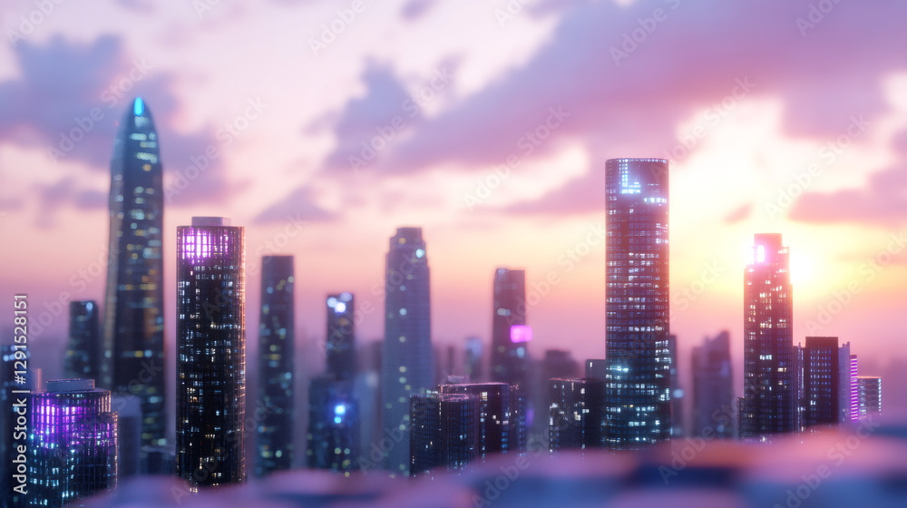 Breathtaking cityscape with modern skyscrapers illuminating the skyline during a vibrant sunset, creating a stunning urban landscape