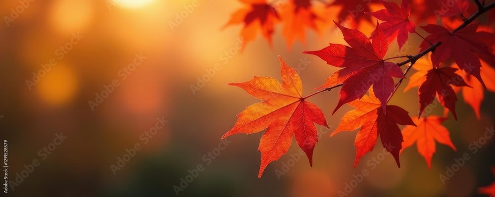 Warm orange hues blend with deep reds on a branch of maple leaves, nature, deciduous trees Warm orange hues blend with deep reds on a branch of maple leaves, nature, deciduous trees