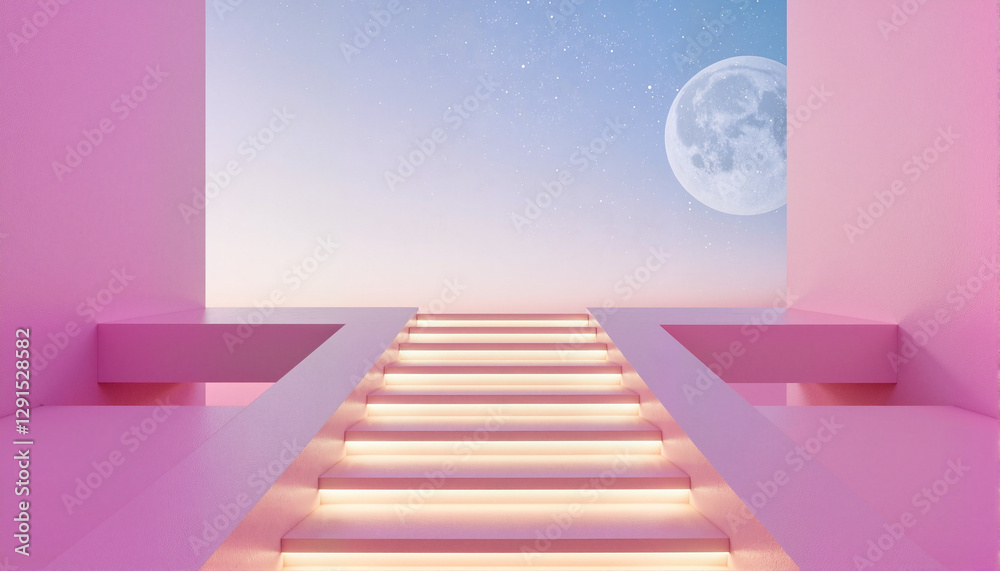 Obraz premium Staircase leading to a starry sky with a full moon for blogs, websites, presentations, digital art projects, dream-themed designs, and creative stationery