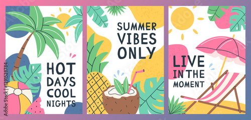 Set of summer vertical cards posters with summer items and text. Summer collection. Vector flat postcard illustration.