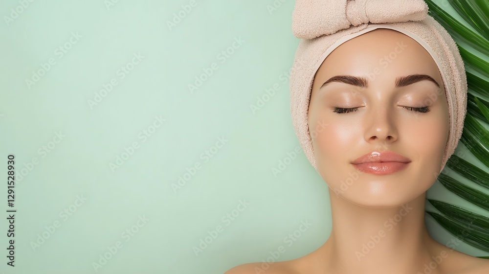 Naklejka premium Serene Woman with Moisturized Face and Pink Towel on Pastel Green Background