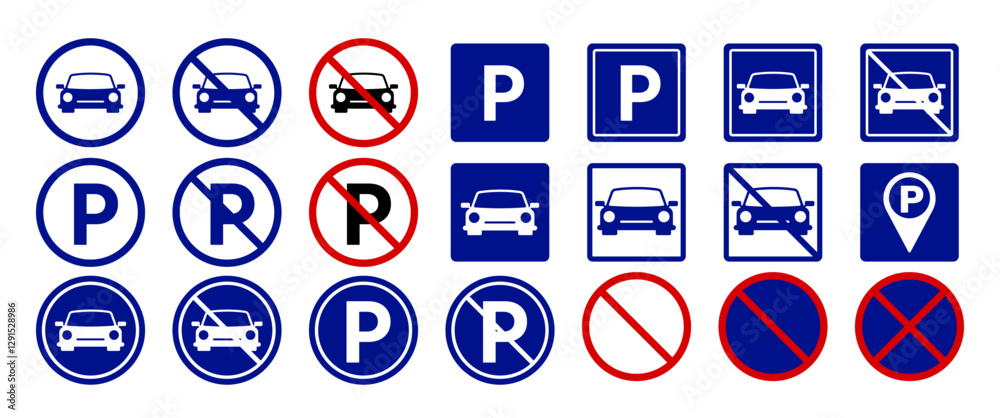 Isolated Parking Traffic Sign collection, transportation icon set, Parking Area Pictogram, Public graphic elements and illustration, Red, Blue, Communication Infographic, Prohibitions symbol, Editable Isolated Parking Traffic Sign collection, transportation icon set, Parking Area Pictogram, Public graphic elements and illustration, Red, Blue, Communication Infographic, Prohibitions symbol, Editable