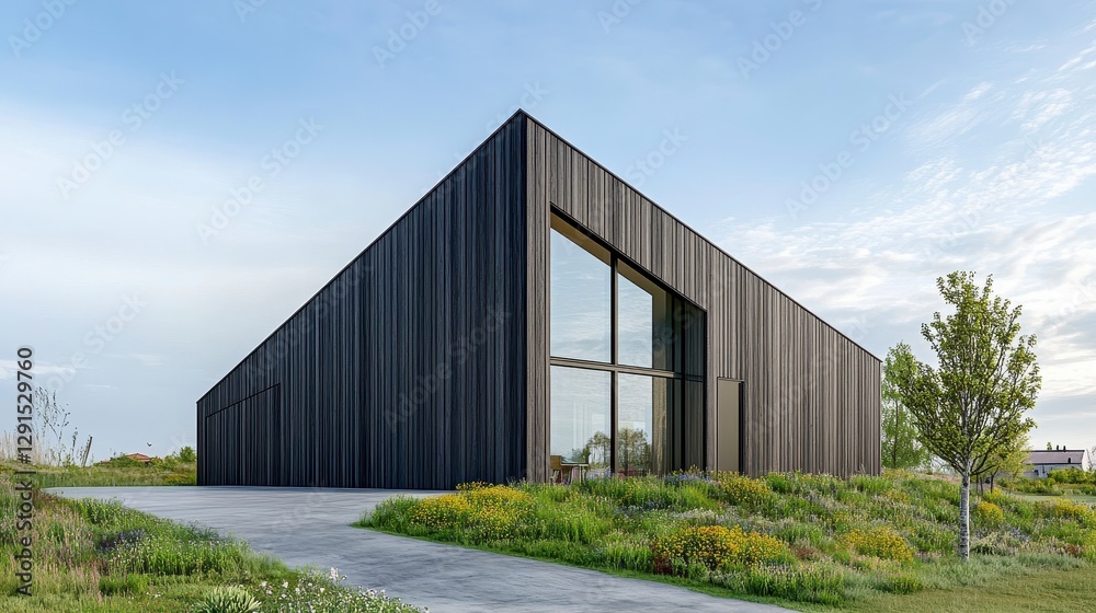 Modern Black Building Surrounded by Lush Green Landscape Modern Black Building Surrounded by Lush Green Landscape