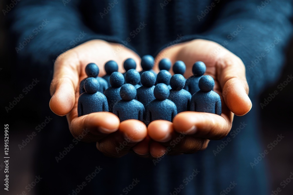 Hands Gently Holding Blue Figurines Representing Community Unity, Care, Connection, and Support in a Thoughtful and Compassionate Gesture Hands Gently Holding Blue Figurines Representing Community Unity, Care, Connection, and Support in a Thoughtful and Compassionate Gesture