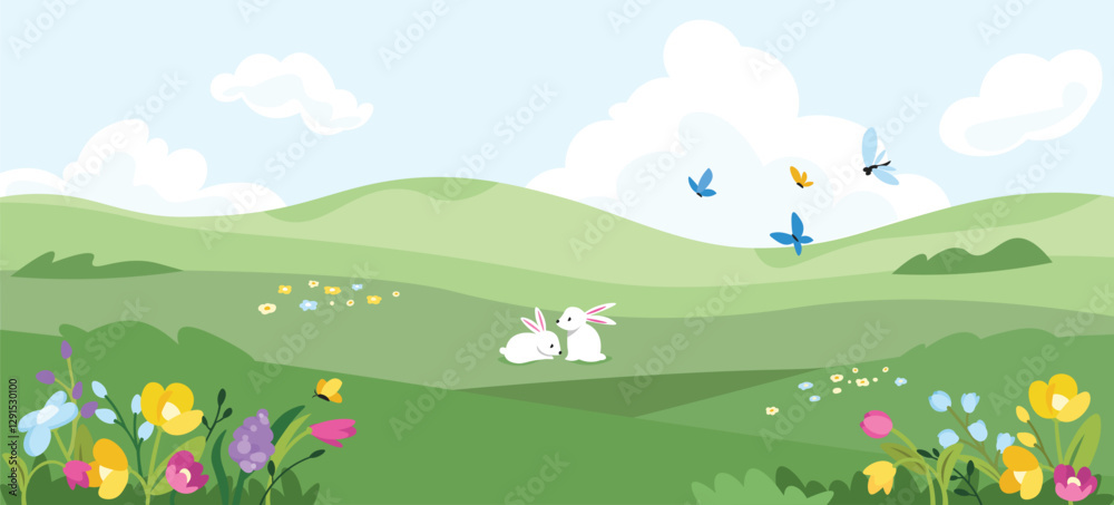 Spring landscape with bunny. Vector illustration Easter background. Spring landscape with bunny. Vector illustration Easter background.