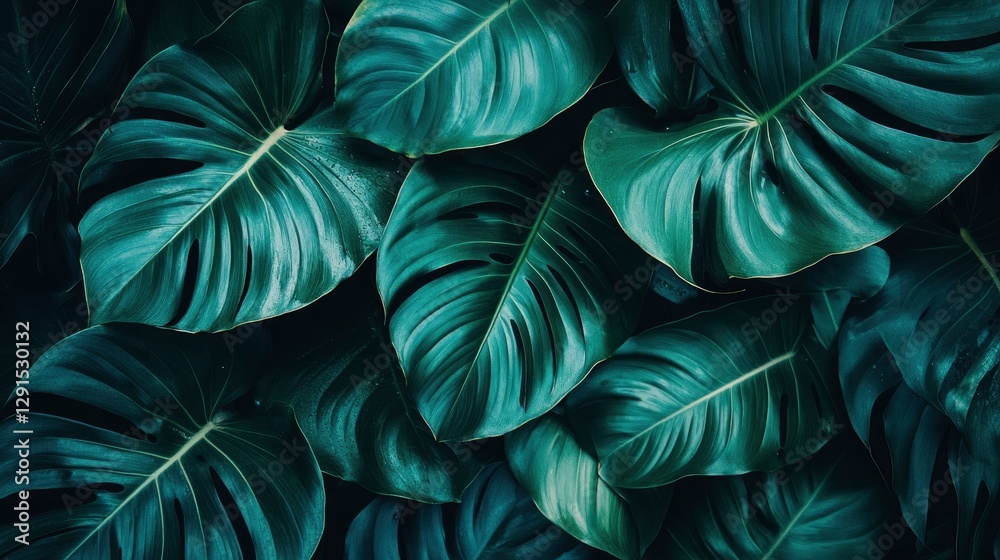 Lush Green Monstera Leaves Overlapping in a Dense Tropical Setting with Soft Natural Light Lush Green Monstera Leaves Overlapping in a Dense Tropical Setting with Soft Natural Light