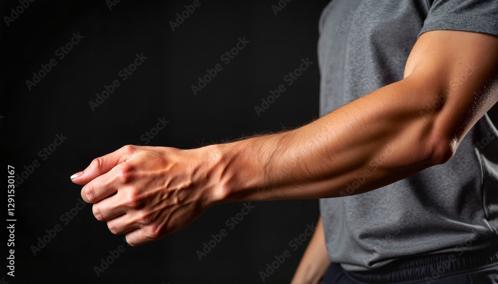 Fototapeta premium Close-up of a muscular male arm flexing on a dark background, fitness concept, copy space