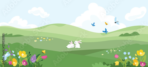 Spring landscape with bunny. Vector illustration Easter background.