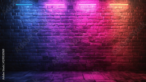 Neon rays glowing on a brick wall Empty scene