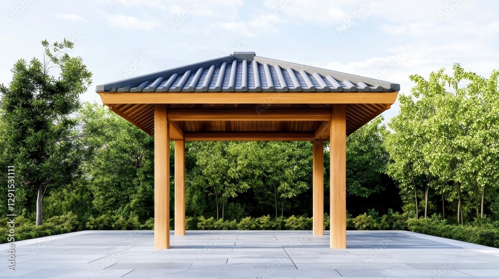 Traditional Wooden Pavilion Surrounded by Lush Green Trees Traditional Wooden Pavilion Surrounded by Lush Green Trees