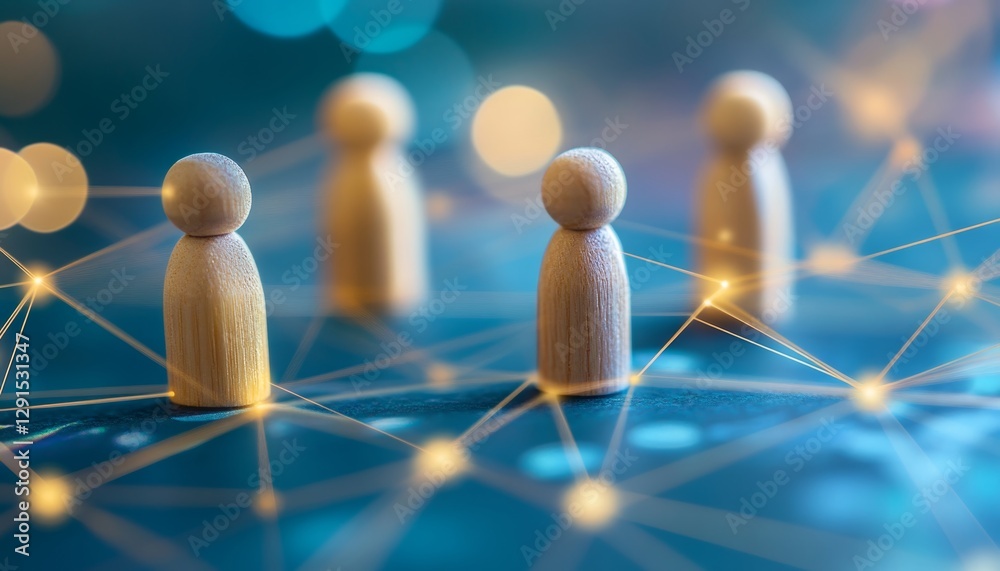 Obraz premium Light brown wooden figures symbolizing social connections on a blue gradient blurred background