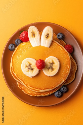 Cute pancake art resembling bunny, topped with fresh fruit and v