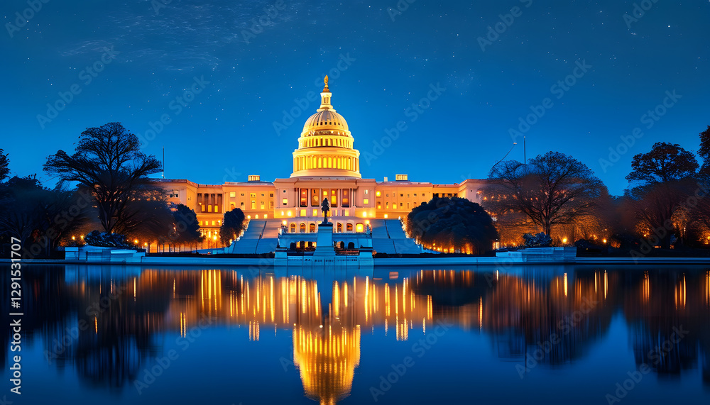 Obraz premium Illuminated capitol building at dusk, washington d.C., architectural reflection, serene waters, icon of democracy