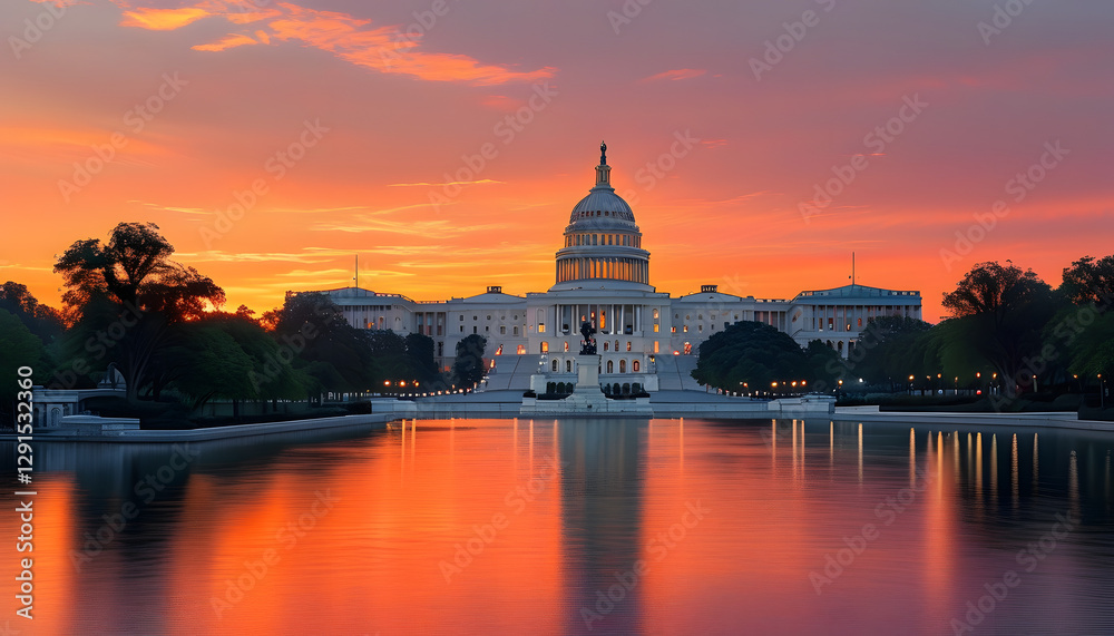 Obraz premium Sunset reflection over the u.S. Capitol washington d.C. Landscape photography serene environment wide angle government icon
