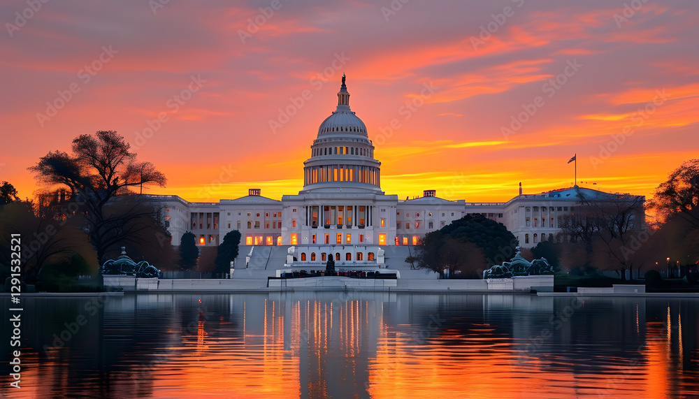 Obraz premium Sunset reflections at the u.S. Capitol washington d.C. Photography urban landscape aerial view government architecture