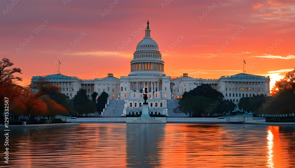 Fototapeta premium Sunset reflections over capitol building washington d.C. Landscape photography serene environment panoramic view government icon