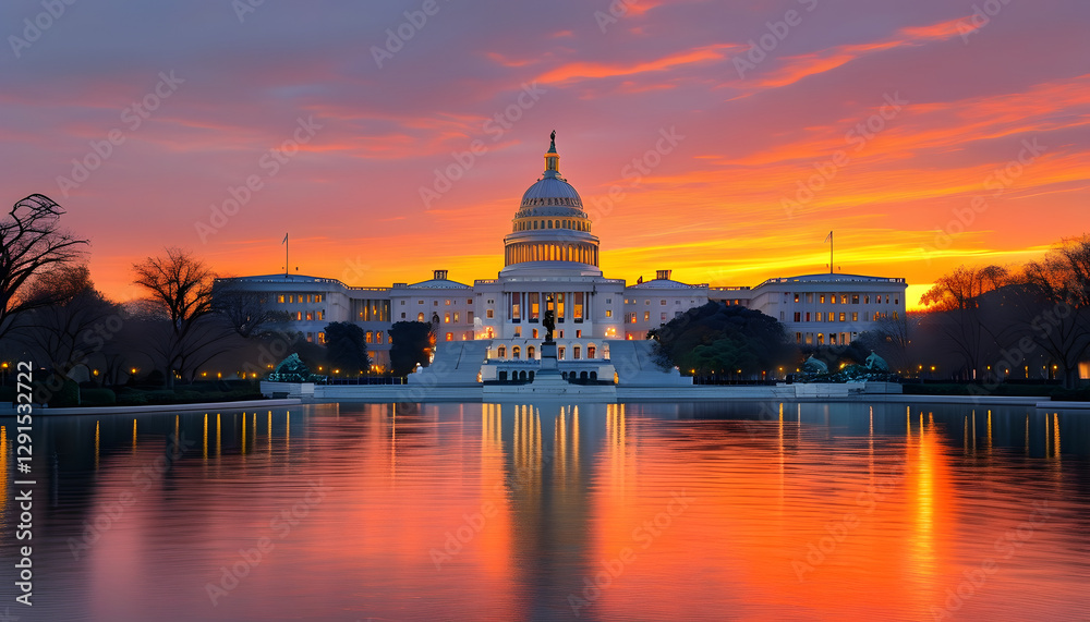 Fototapeta premium Sunset over capitol building washington d.C. Architectural photography reflective water serene atmosphere national landmark