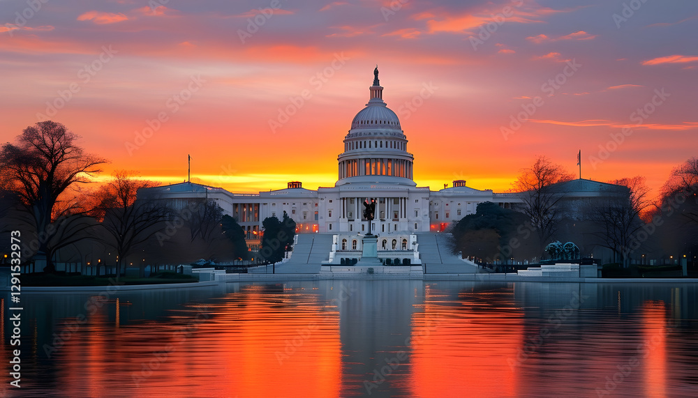 Fototapeta premium Sunset over the u.S. Capitol building washington d.C. Architecture reflective water scenic view national pride