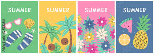 Set of summer vertical cards posters with summer items and text. Summer collection. Vector flat postcard illustration.