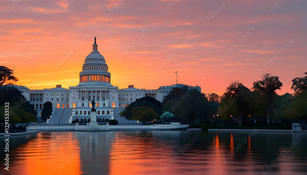 Obraz premium Sunset reflection at the u.S. Capitol, washington d.C., scenic photography, twilight atmosphere, serene viewpoint, architectural beauty