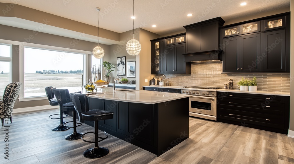 A modern kitchen with a large island and black cabinets. The kitchen is well lit and has a clean, minimalist look