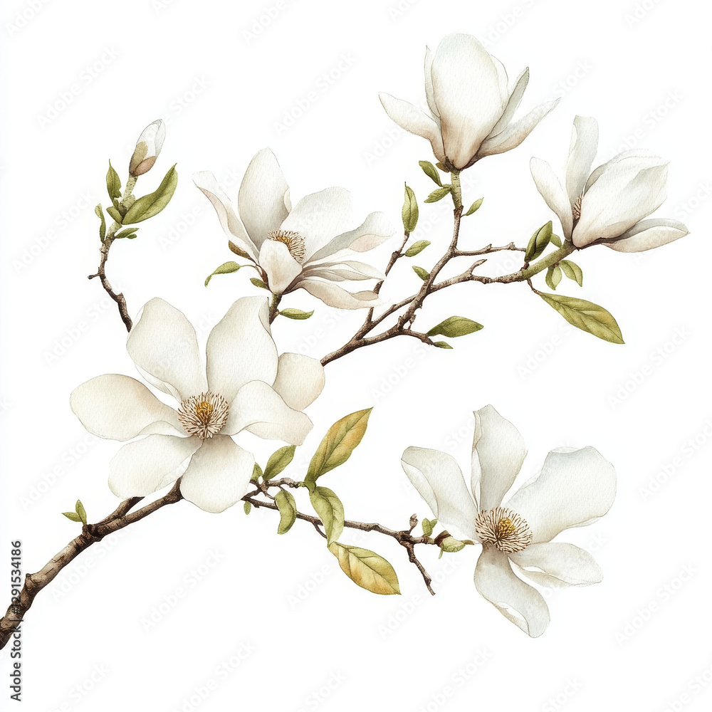 Fototapeta premium magnolia branch with soft white flowers and green leaves, showcasing delicate beauty and elegance. This botanical illustration captures essence of spring and nature tranquility