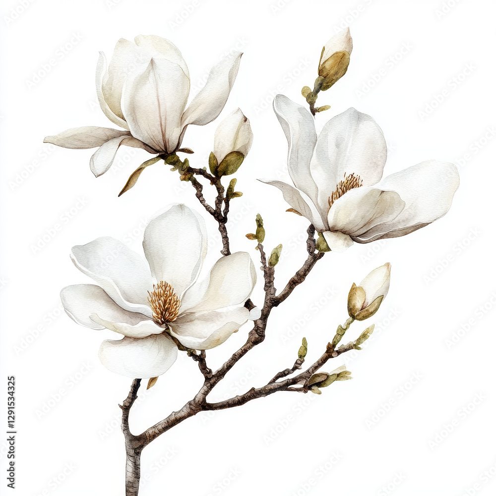 Obraz premium magnolia branch with soft white flowers and delicate buds, showcasing natural beauty and elegance. This botanical illustration captures serene essence of spring