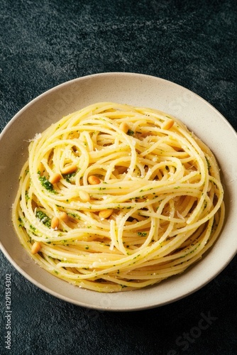 Delicious pasta dish with golden strands, garnished with herbs,