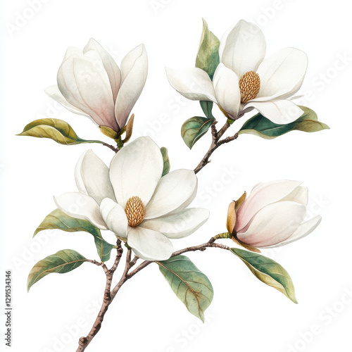 Magnolia branch with soft white flowers and green leaves, showcasing delicate beauty and elegance. This botanical illustration captures serene essence of nature