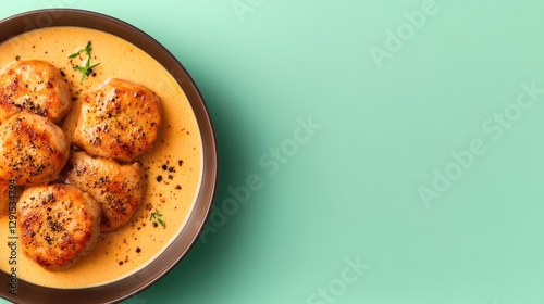 Delicious round dumplings in rich sauce, garnished with herbs, v