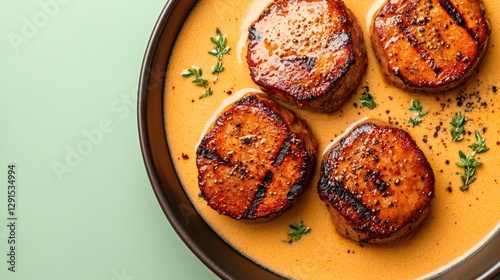 Grilled patties served in creamy sauce, garnished with fresh her