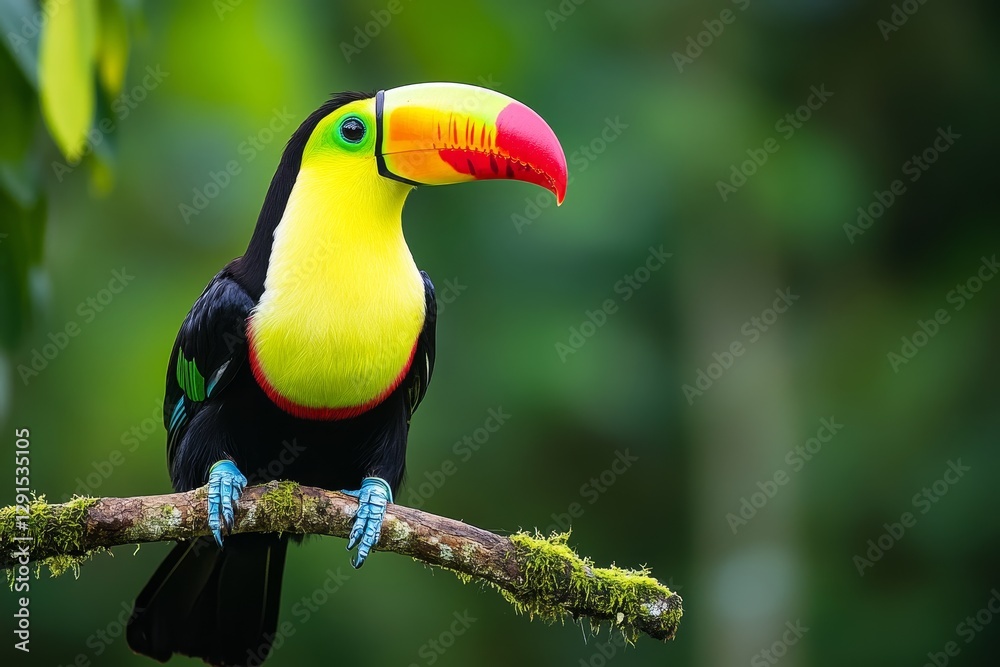 Obraz premium Colorful toucan perched on branch in lush tropical forest