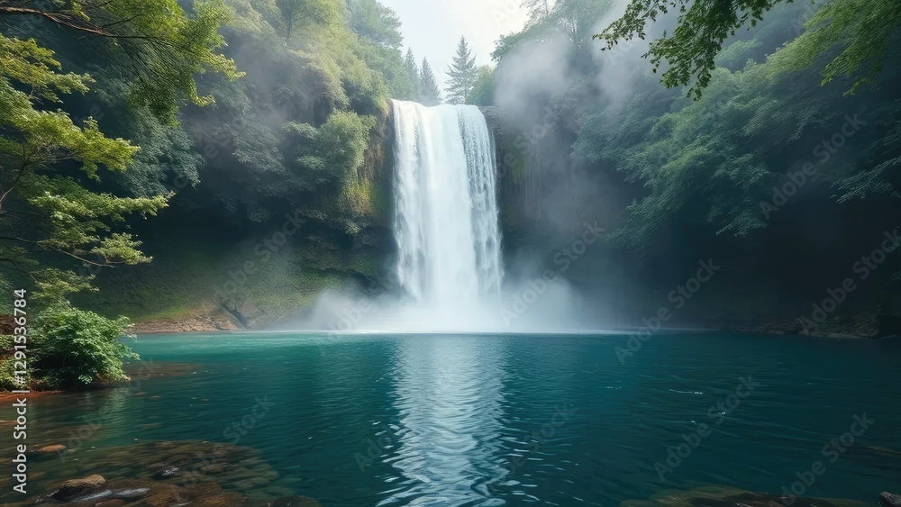 Fototapeta premium A serene waterfall creates a misty veil that surrounds a tranquil forest pool, water, nature, pool