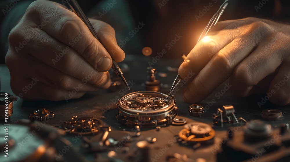 Precision Craftsmanship: A skilled watchmaker's hands delicately work on intricate watch components, showcasing meticulous attention to detail in a low-light setting. Precision Craftsmanship: A skilled watchmaker's hands delicately work on intricate watch components, showcasing meticulous attention to detail in a low-light setting.