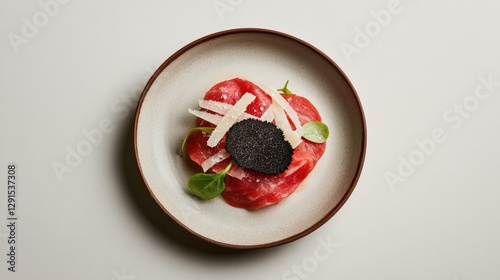 Delicate presentation of beef carpaccio topped with truffle and