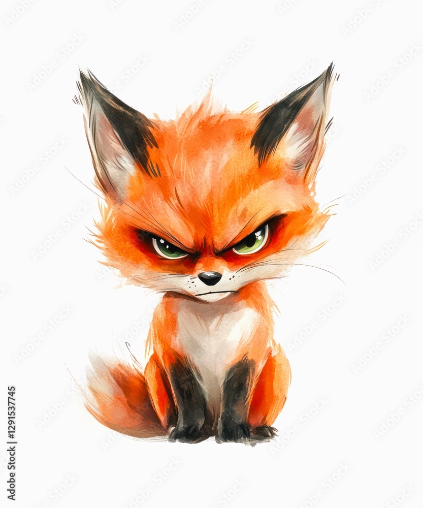 Fototapeta premium Watercolor cartoon illustration of an angry mad red fox isolated on white background.