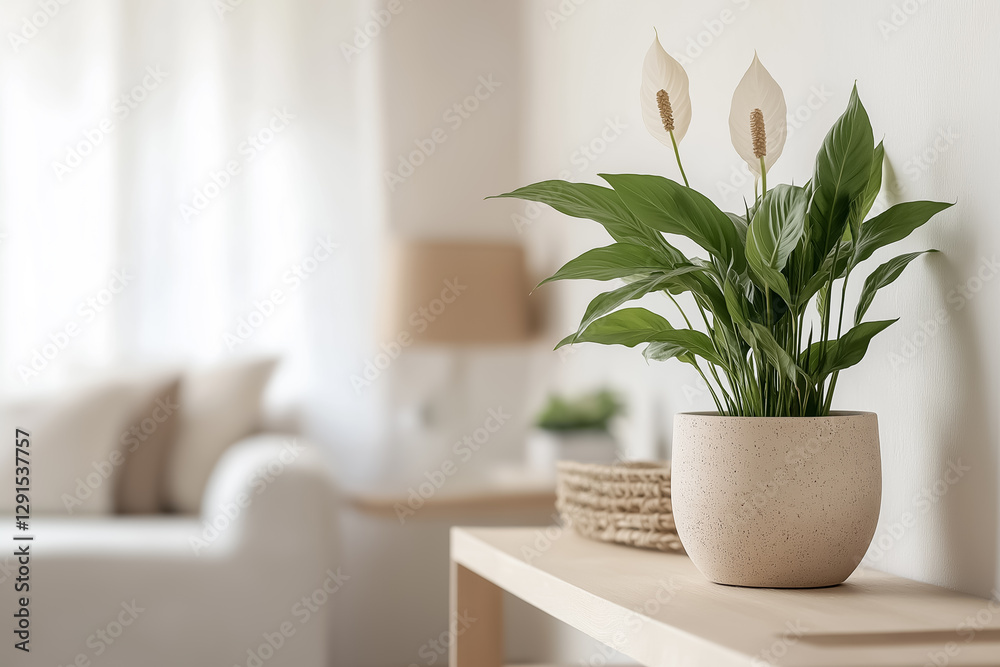 A peace lily in a minimalist ceramic pot, placed on a light wooden shelf against a white wall with soft diffused light A peace lily in a minimalist ceramic pot, placed on a light wooden shelf against a white wall with soft diffused light