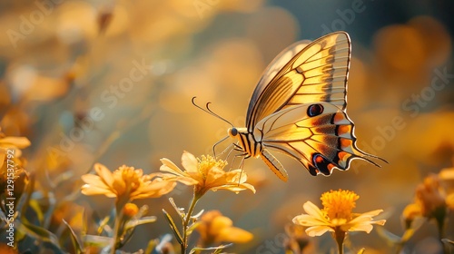 Delicate Golden Butterfly Resting on Vibrant Flower Petals in Nature