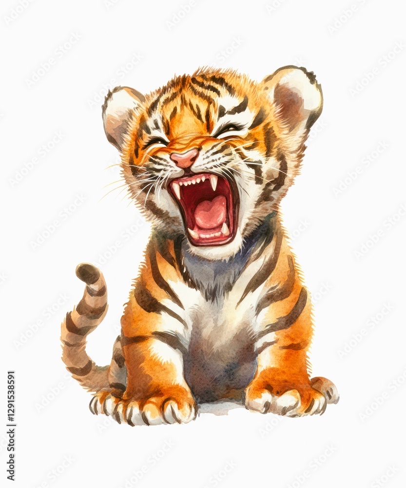 Obraz premium Watercolor cartoon illustration of an angry mad baby tiger isolated on white background.