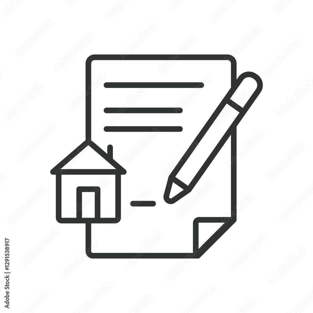 Home contract, icon in line design. Home contract, agreement, home purchase, real estate, house deal, legal, contract signing on white background vector. Home contract editable stroke icon Home contract, icon in line design. Home contract, agreement, home purchase, real estate, house deal, legal, contract signing on white background vector. Home contract editable stroke icon