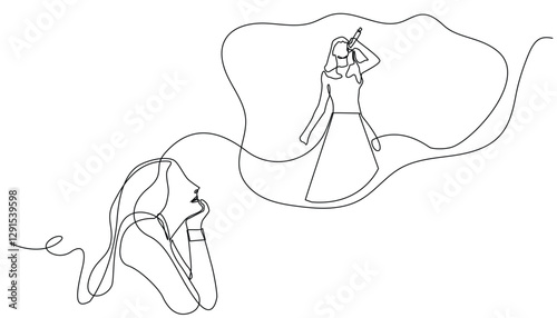one continuous line of dreamy woman imagining herself becoming a famous singer.one line drawing vector illustration.isolated white background