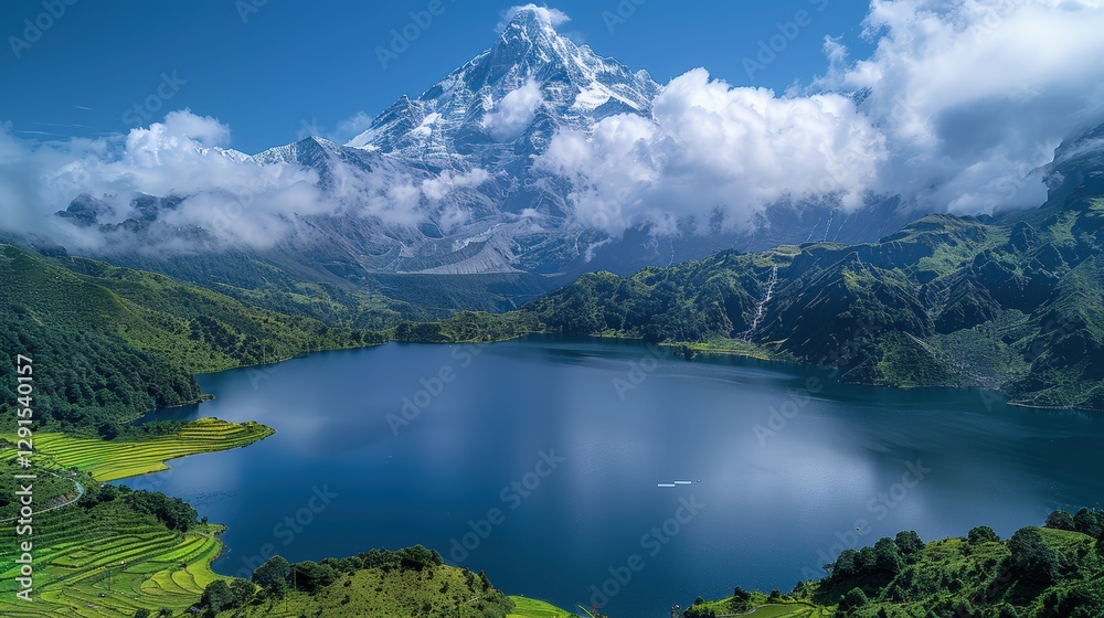 Majestic snow-capped mountain overlooking a serene lake surrounded by lush greenery and clouds Majestic snow-capped mountain overlooking a serene lake surrounded by lush greenery and clouds