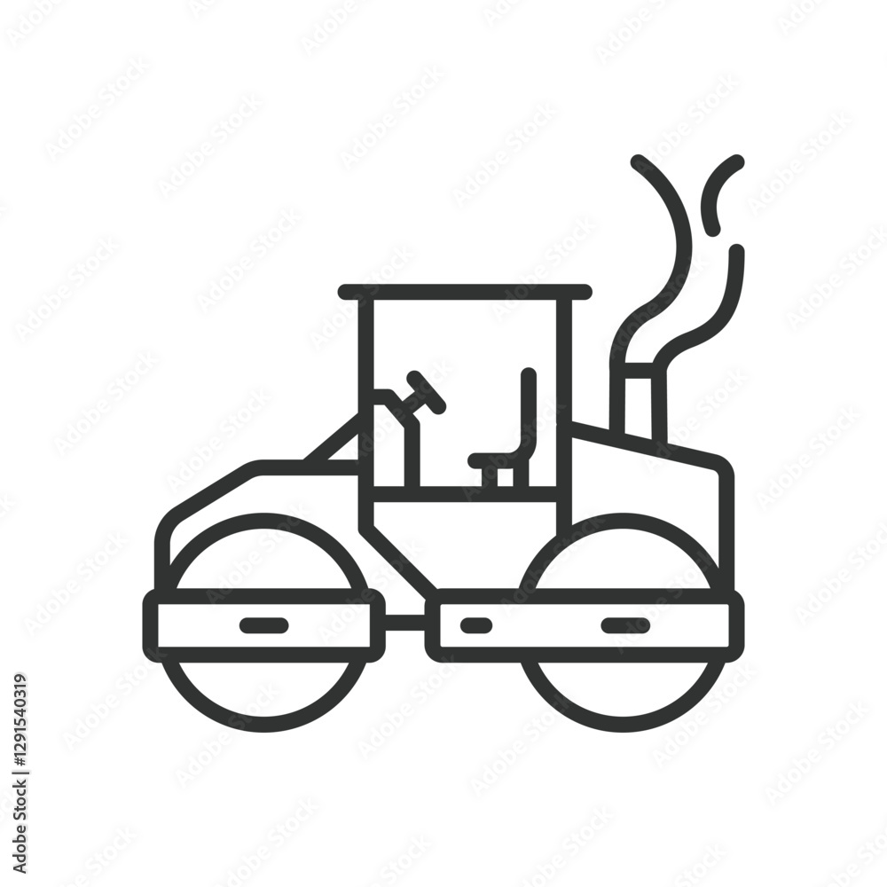 Steamroller, icon in line design. Steamroller, construction vehicle, road roller, machinery, compaction, construction equipment, paving on white background vector. Steamroller editable stroke icon Steamroller, icon in line design. Steamroller, construction vehicle, road roller, machinery, compaction, construction equipment, paving on white background vector. Steamroller editable stroke icon